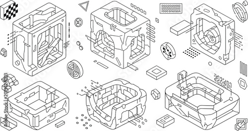Foto Disassembled 3 d printer parts, technical 3d printer disassembled parts technica