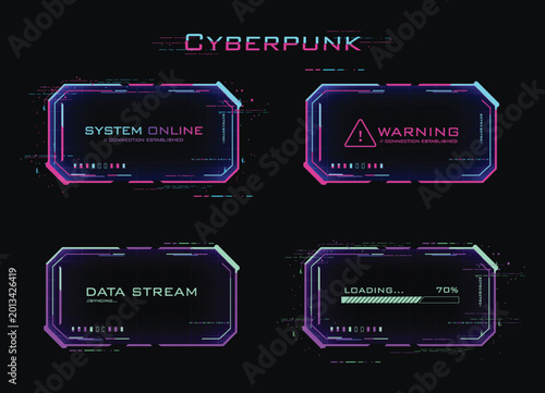 Cyberpunk HUD frame set with neon glitch effect and futuristic sci-fi UI borders