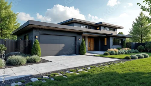 Obraz Modern dark house with garage door and driveway. Landscaped lawn with manicured bushes and green trees surrounds the property. The architecture features clean lines and a flat roof.