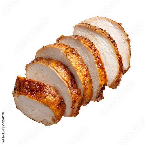 Tender sliced roast turkey breast with golden roasted skin and juicy texture, isolated on a light background.