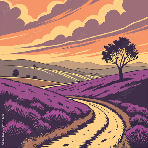 Vászonkép Purple lavender field landscape at golden sunset hour with lavender landscape co