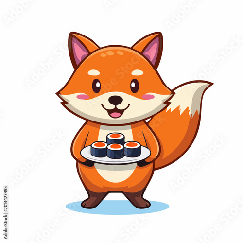 Adorable cartoon fox holding a plate of sushi