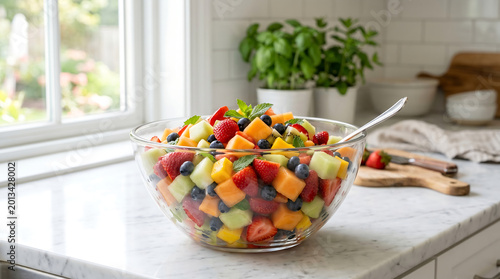 Bright And Cheerful Commercial Photography Of A Clear Glass Bowl Filled With Fresh Colorful Mixed Fruit Salad