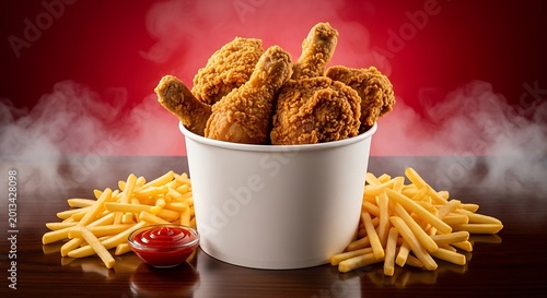A bucket of crispy fried chicken with french fries and ketchup on a wooden table