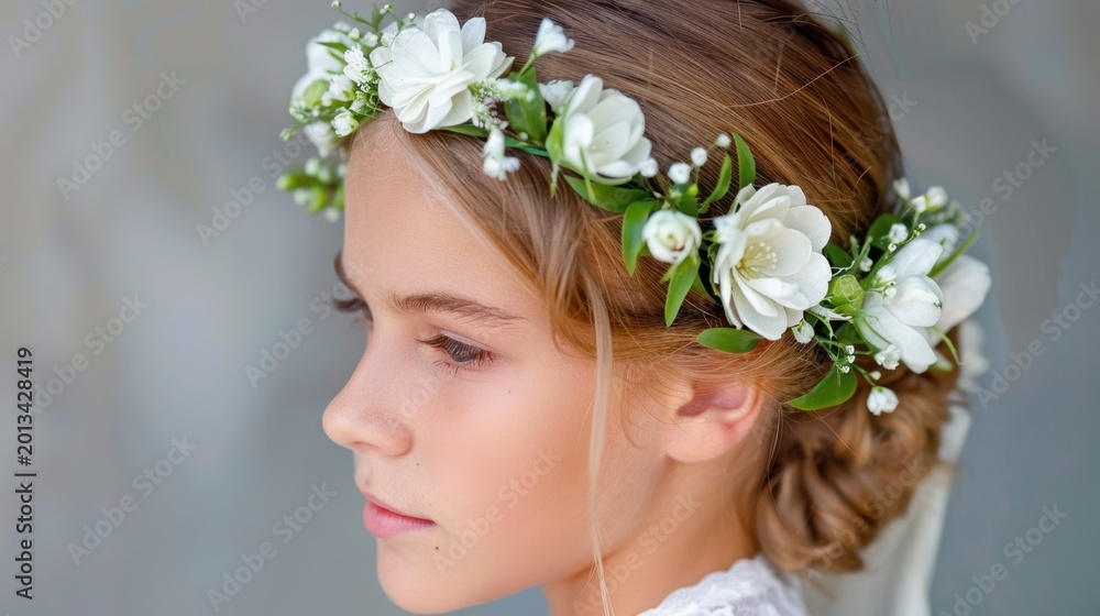 Naklejka premium Graceful Young Girl with Floral Crown and Soft Expression in Natural Light Setting