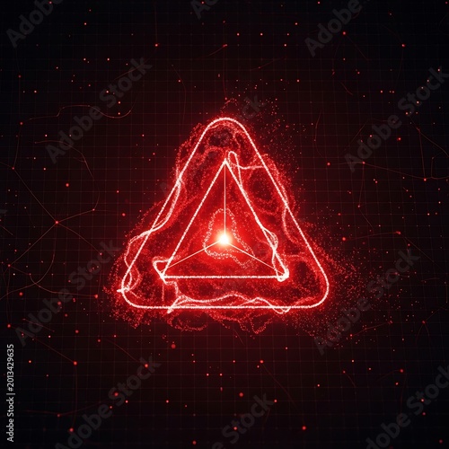 Glowing Red Abstract Triangle Symbol Floating on Dark Digital Grid Background