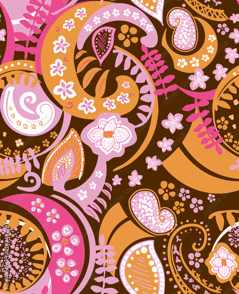 Naklejka premium Vibrant bohemian paisley pattern with floral and ornate motifs on dark background