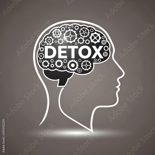 Detox concept with brain and gears on a gray background