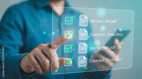 Businessman Verifies Digital Documents with Checkmarks on Holographic Interface