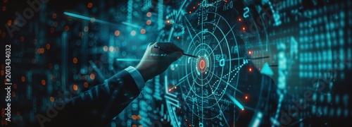 Digital Blueprint: A close-up view of a person's hand interacting with a holographic display. The scene evokes a sense of futuristic technology and data analysis.