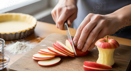 Baker slicing fresh apples for pie on wooden cutting board, preparing dessert ingredients