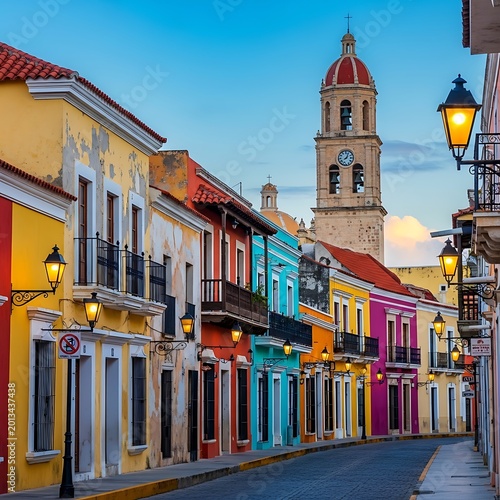 Colorful Colonial Street Lined with Historic Buildings and Church Tower at Dusk