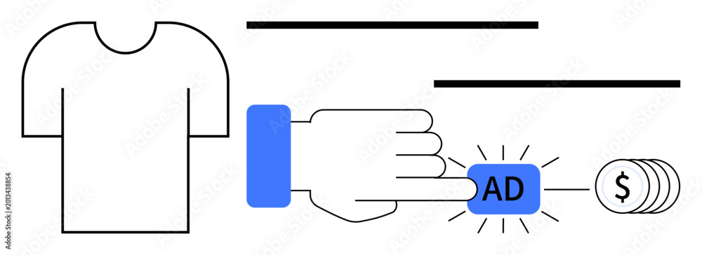 Obraz premium Digital marketing, online shopping, e-commerce, targeted ads, monetization, user engagement. Hand clicking ad button near shirt and dollar symbols. Digital marketing and online shopping ideas
