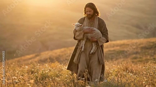 Jesus Christ holding a white lamb in a golden meadow. Religious figure walking through field, shepherd concept. Spiritual scene representing guidance and protection.