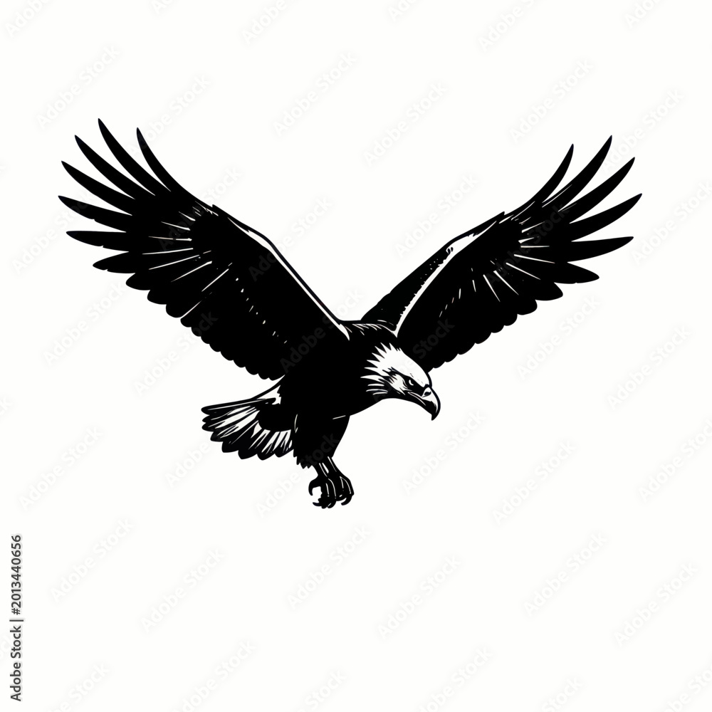 Fototapeta premium Black Silhouette of a Soaring Bird Flying Against White Background Illustration