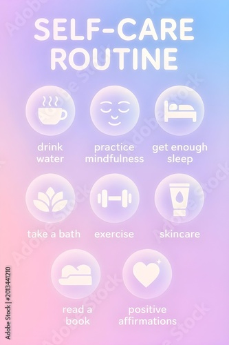 Modern Self-Care Routine Icons in Frosted Glass Bubbles, Mindfulness and Wellness Concept for Healthy Lifestyle and Mental Health Awareness