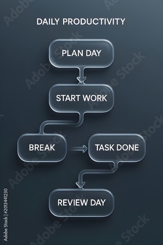 Daily Productivity Glassmorphism Workflow Diagram, Task Management Steps from Planning to Completion and Review on Dark Minimalist Background