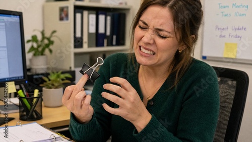 Young Businesswoman Grimacing in Pain After Pinching Finger with Binder Clip in Office