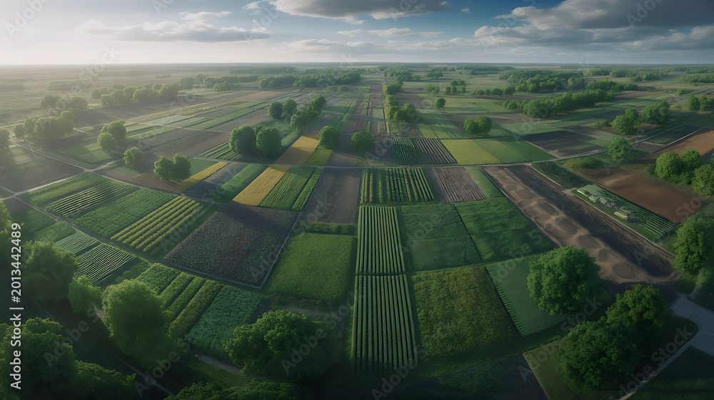 Fototapeta premium Regenerative agriculture landscape with sustainable farming patterns and biodiversity representing soil restoration and environmental conservation