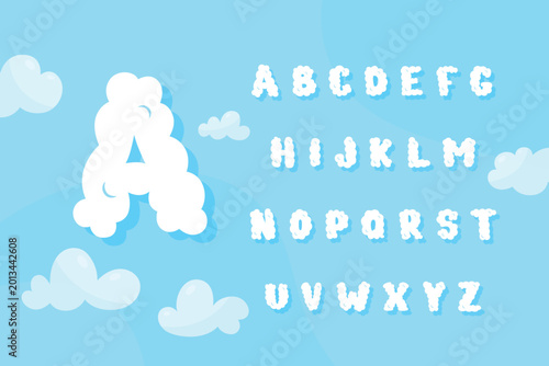 Canvas Print Alphabet letter A shaped as a bear with cloud letters on blue background for edu