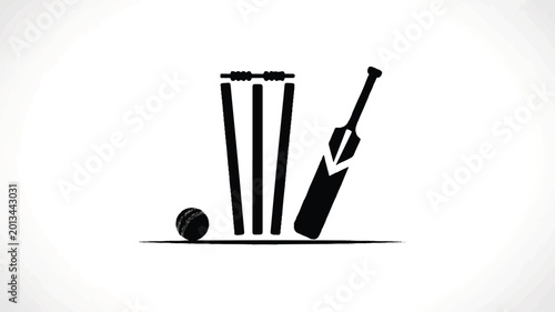 A minimalist black and white icon design of a cricket bat and ball on stumps