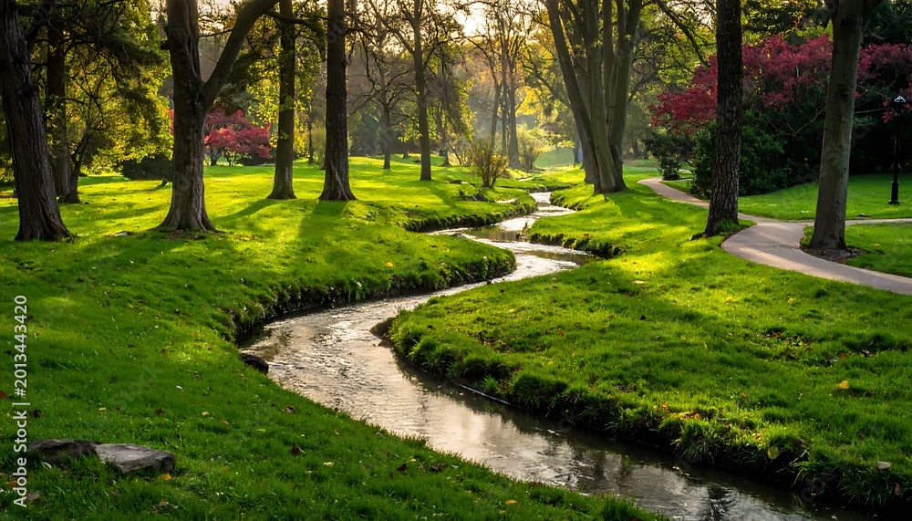 Fototapeta premium Winding Stream In A Sunlit Park Landscape With Lush Green Grass And Mature Trees During Golden Hour Under Soft Morning Light