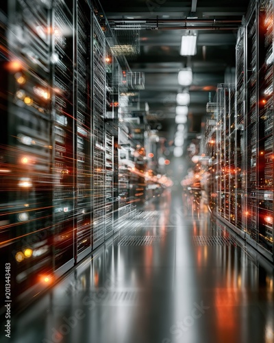 Futuristic data center interior glowing with blue LED lights as digital AI overlays monitor and secure massive server racks with sharp detail.