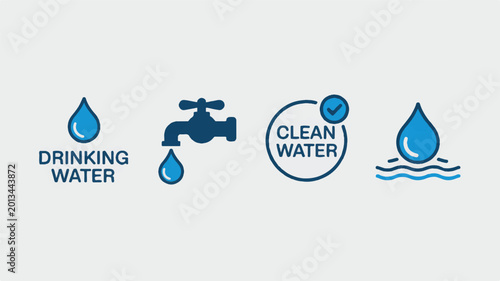 Clean drinking water icons set showing tap and droplets