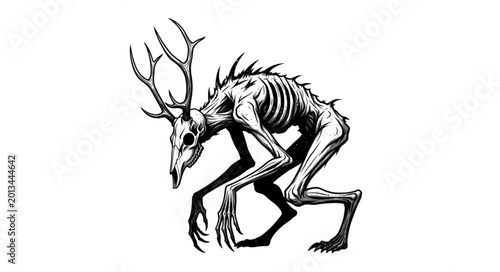 Photos Creepy skeletal creature with deer antlers and sharp claws.
