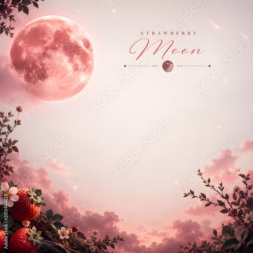 Strawberry Moon Night Sky Background with Pink Celestial Clouds and Floral Landscape