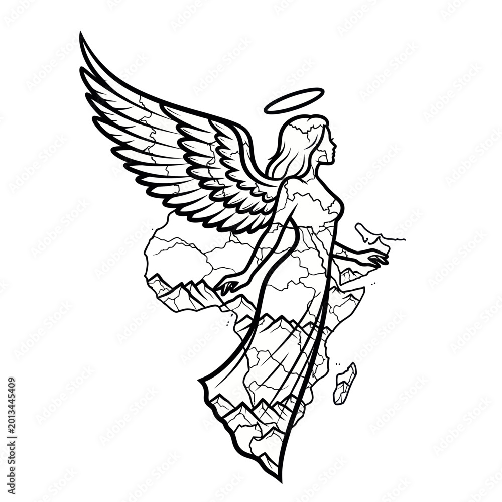 Fototapeta premium Angel silhouette with African continent map inside, symbolizing hope and protection