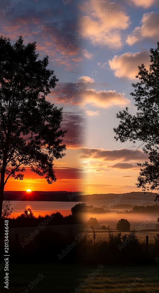 Fototapeta premium Dramatic Split Sunset and Sunrise Landscape Over Misty Rural Lake and Trees