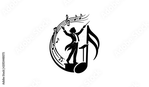 Choir conductor silhouette logo with musical note black white vector illustration