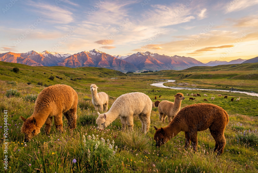 Fototapeta premium Herd of alpacas grazing in a beautiful mountain valley at sunset