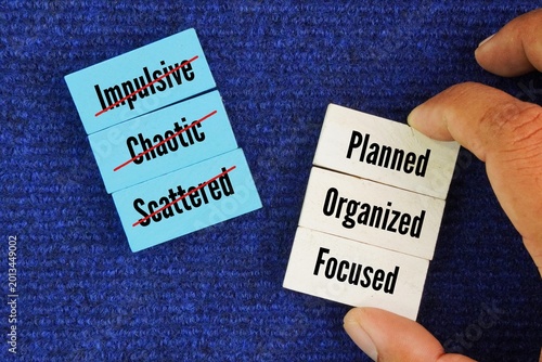 Photos Opposite pairs similar to Strategic Thinking vs Random Thinking Planned vs Impulsive, Organized vs Chaotic, Focused vs Scattered word