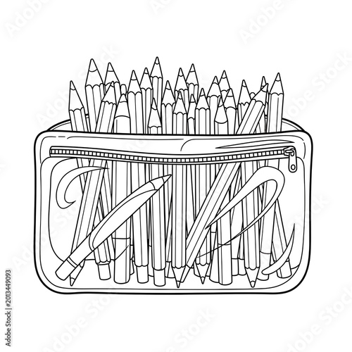 Black Outline Pencil Case Filled with Drawing Supplies on White Background