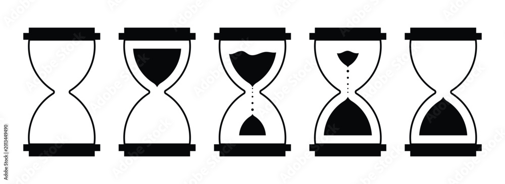 Fototapeta premium Set of minimalist flat black sand clock icons illustrating concepts of time, duration, waiting, deadlines, and measurement using hourglasses. Sand clock icons isolated on transparent background. Eps10