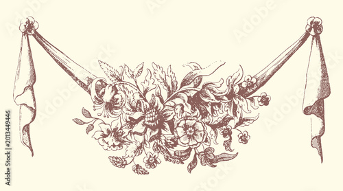 Foto Floral garland with draped ribbons decoration line art hand drawn decoration orn