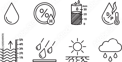 Obraz na płótnie Black and White Weather Measurement and Precipitation Outline Icon Set Vector Co