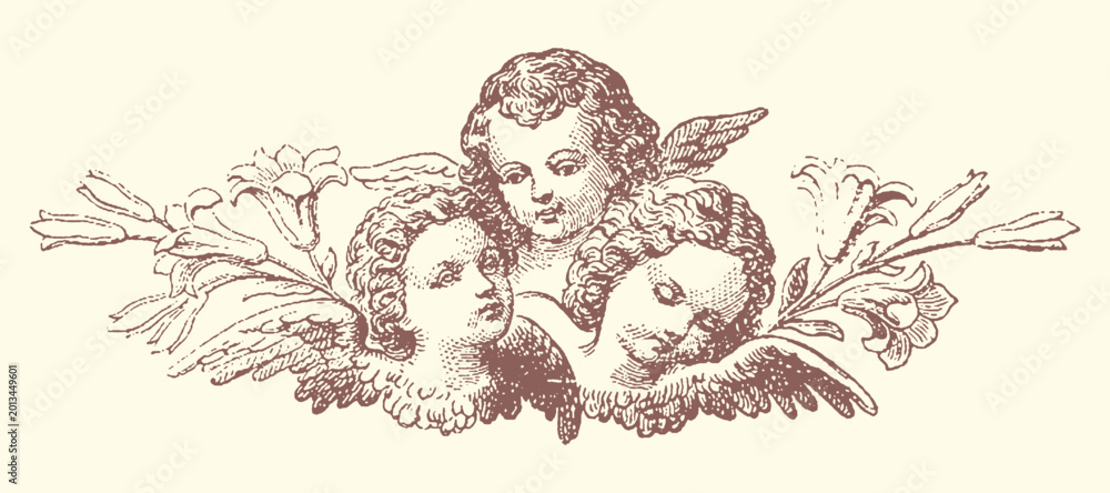 Fototapeta premium Antique illustration of cherubs and foliage with baby angel vintage cherub antique drawing ornamental design decorative element graphic ornament hand drawn line art angelic illustration