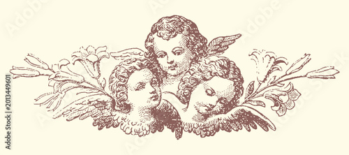 Quadro su tela Antique illustration of cherubs and foliage with baby angel vintage cherub antiq