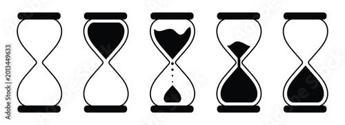 A hourglass set time passing concept, sand clock graphic. Black hourglass illustrations set in different artistic styles. Hourglass symbol. Sandglass logo. Flat vector illustration.Eps10