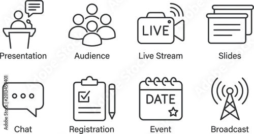 Business Event Icons: Presentation, Audience, Live Stream, Slides, Chat, Registration, Date, Broadcast