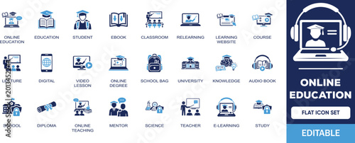 Photos Online Education editable solid icon set
