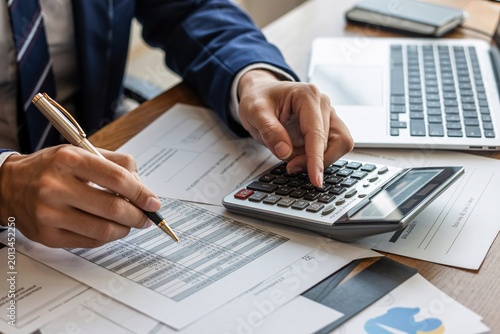 Close-up of hands calculating with calculator and pen on financial documents