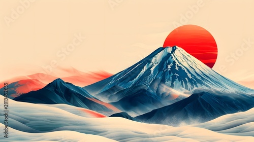 Minimal Japanese Mount Fuji with Red Sun Landscape