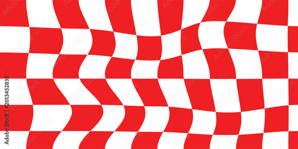 Fototapeta premium Trippy checkerboard background. Retro psychedelic checkered wallpaper. Wavy groovy chessboard surface. Distorted geometric pattern. Vector illustration. Eps10.