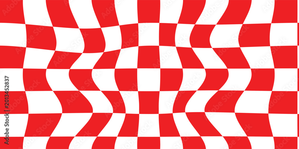 Fototapeta premium Trippy checkerboard background. Retro psychedelic checkered wallpaper. Wavy groovy chessboard surface. Distorted geometric pattern. Vector illustration. Eps10.