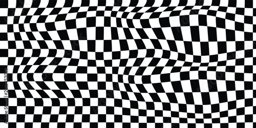 Psychedelic abstract wavy checkered background in black and white. Groovy irregular checker pattern with vintage texture. Retro psychedelic checkered wallpaper. Wavy groovy chessboard surface.