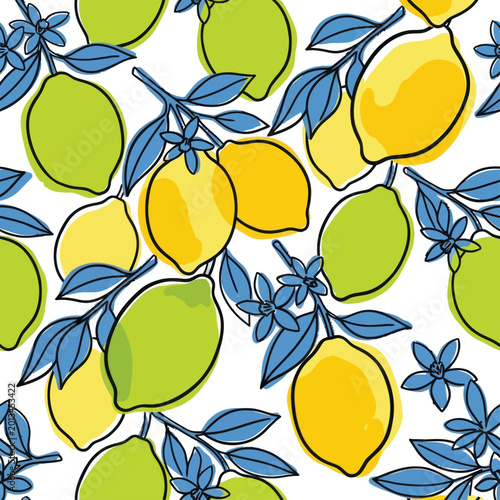 Lemons and limes with leaves illustration.